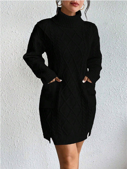 Women’s Sweater Dress – Cable Knit Wool Blend – Slim Fit – High Neck – Long Sleeve – Short Length