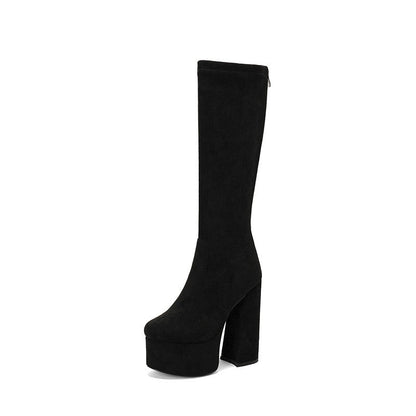 Women’s Knee-High Boots – Suede – Fitted Leg – Chunky Heel – Platform Sole – Rear Zip