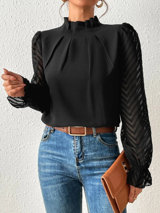 Women’s Blouse – Relaxed Fit – High Neck – Sheer Sleeves – Soft Silk Feel