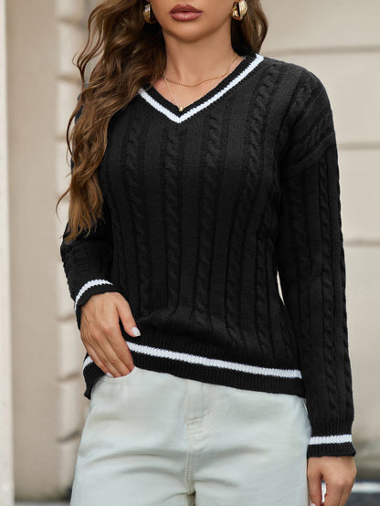 Women’s V-Neck Sweater – Relaxed Fit – Cable Knit – Soft Knit – Ribbed Trim