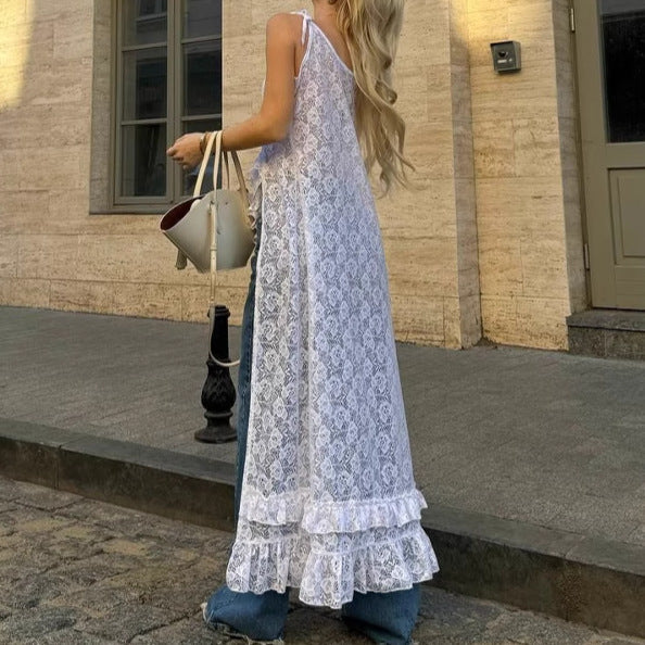 Women’s Maxi Dress – A-Line Fit – Lace Look – V-Neck – Tie Shoulders – Ruffle Trim – Side Split
