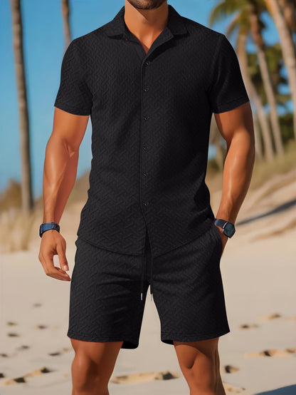 Men’s Shirt and Shorts Set – Slim Fit – Embossed Texture – Lightweight Cotton Blend