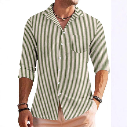 Men’s Long Sleeve Shirt – Regular Fit – Breathable Blend – Stripe Pattern – Chest Pocket