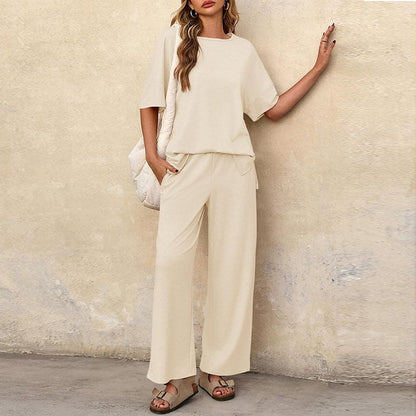Women’s Two-Piece Set – Cotton Blend – Relaxed Fit – Short Sleeve Top & Wide-Leg Pants