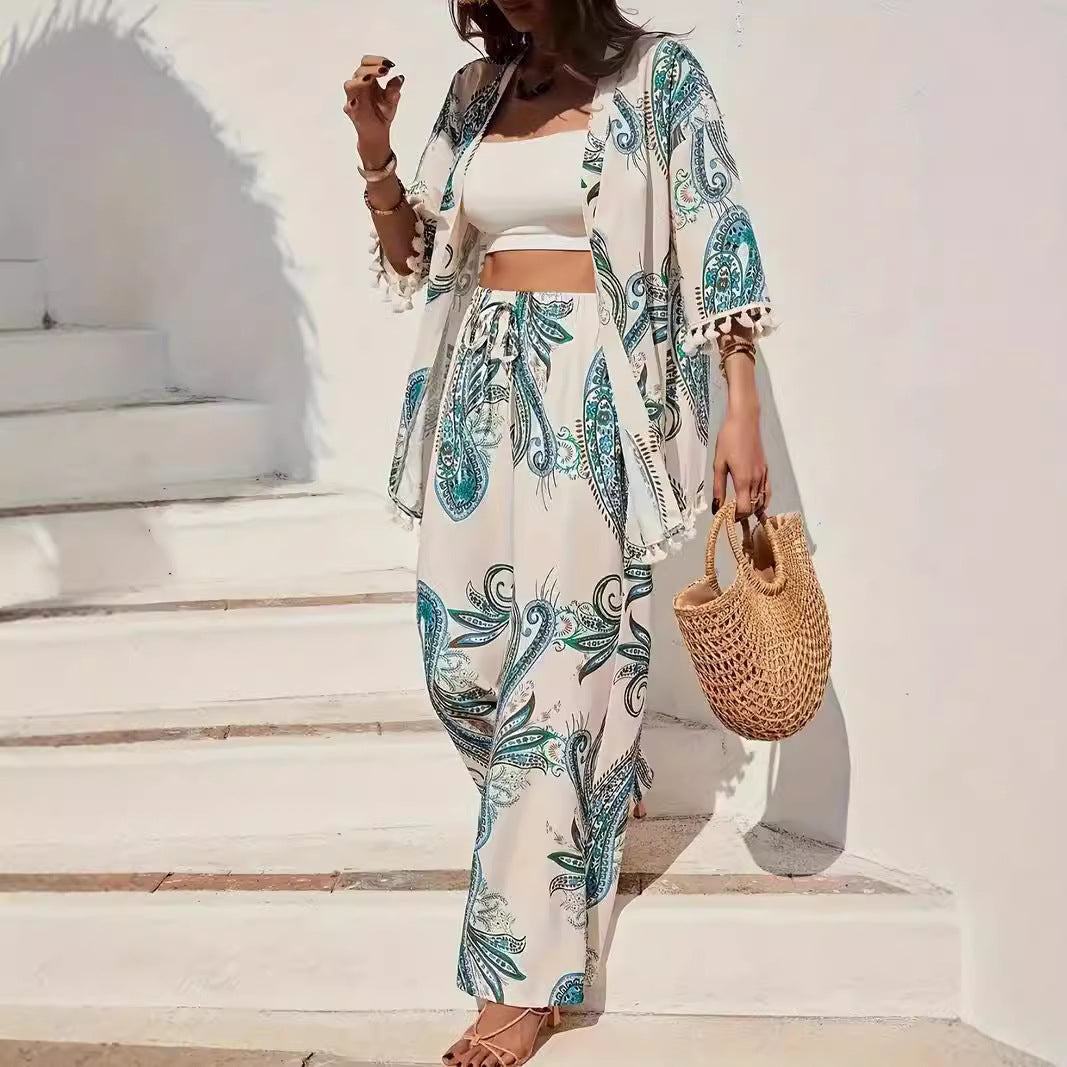 Women’s Kimono Cardigan – Relaxed Fit – Paisley Print – Tassel Hem – Breathable Blend