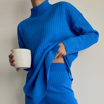 Women’s Knit Set – Ribbed Two-Piece – Oversized Top – Semi-High Neck – Full Length
