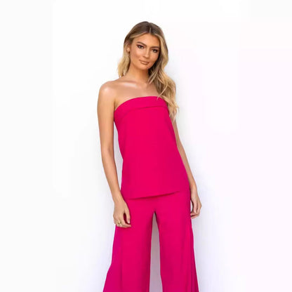 Women’s Two Piece Set – Strapless Top – High Waist Flared Pants – Relaxed Fit Breathable