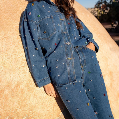 Women’s Denim Jacket and Pants Set – Oversized Fit – Embroidered – Wide Leg Casual Wear