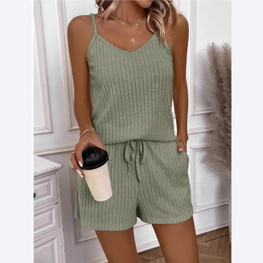 Women’s Casual Romper – Soft Knit – Relaxed Fit – V-Neck – Drawstring Waist