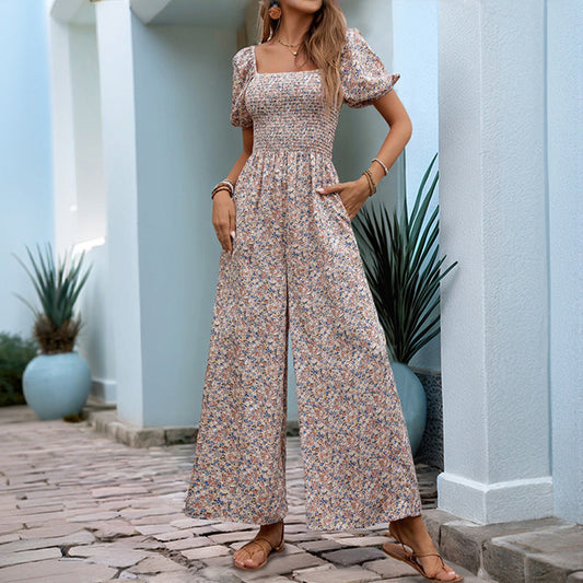 Women’s Jumpsuit – Smocked Bodice – Puff Sleeve – Wide Leg – Floral Print