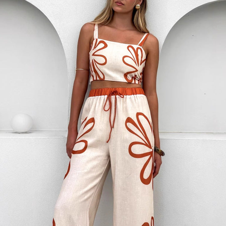 Women’s Pants Set – Wide-Leg Relaxed Fit – Linen Blend – Floral Print – Cropped Camisole
