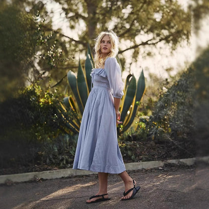 Women’s A-Line Dress – Cotton Blend – Smocked Waist – Long Sleeve V-Neck Ruffle