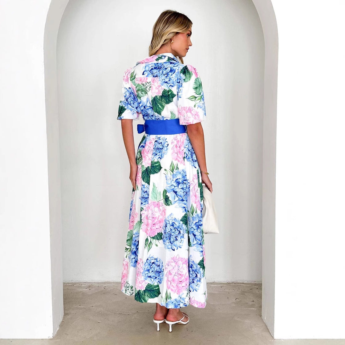 Women’s Maxi Dress – A-Line Fit – Short Sleeve – Floral Print – V-Neck Boho Style