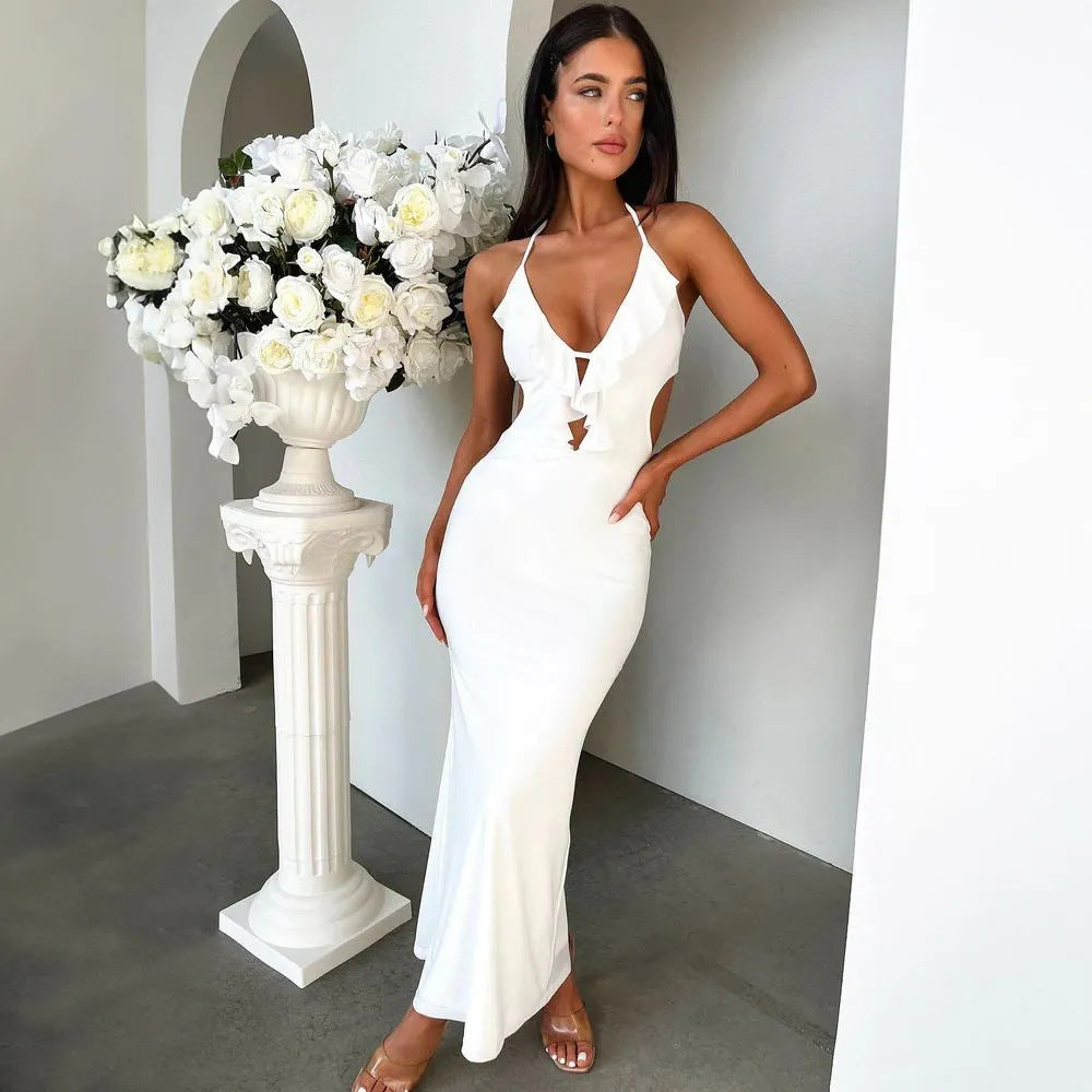 Women’s Maxi Dress – Slim Fit – Ruffle Neckline – Front Cut-Out – Adjustable Straps