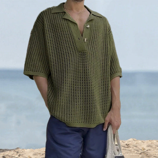 Men’s Knit Sweater – Open Knit – Oversized Fit – Notched Lapel – Short Sleeve