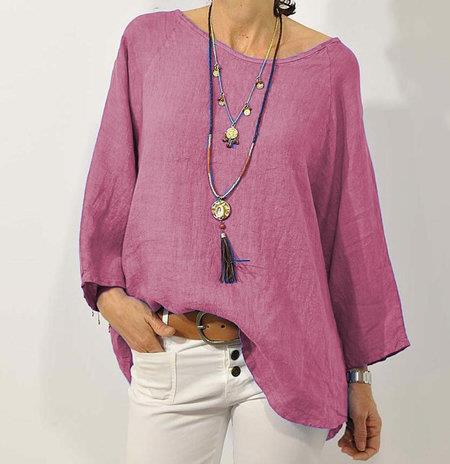 Women’s Top – Cotton Linen Blend – Relaxed Fit – 3/4 Raglan Sleeve – Asymmetrical Hem