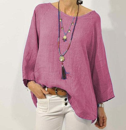 Women’s Top – Cotton Linen Blend – Relaxed Fit – 3/4 Raglan Sleeve – Asymmetrical Hem