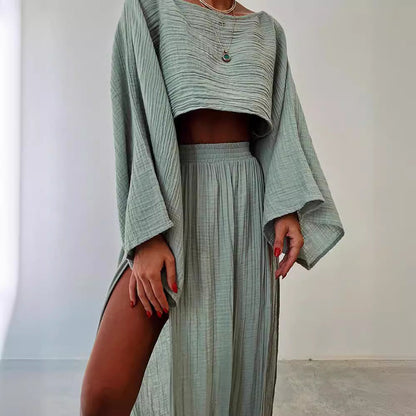 Women’s Two-Piece Set  – Boat Neck – Relaxed Fit – 3/4 Wide Sleeves – High Slit Maxi Skirt