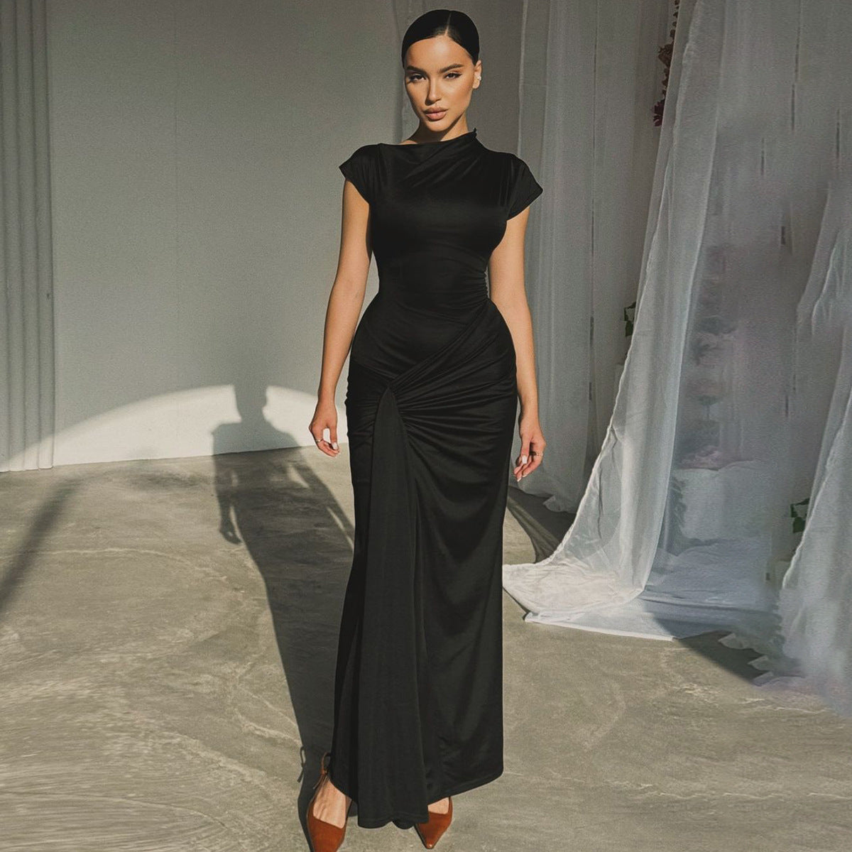 Women’s Full-Length Dress – Satin Finish – Draped Waist – Short Sleeve Formal Wear