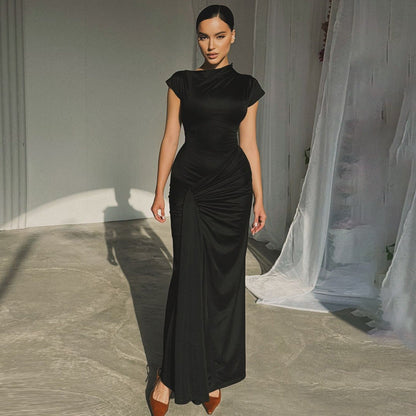 Women’s Full-Length Dress – Satin Finish – Draped Waist – Short Sleeve Formal Wear