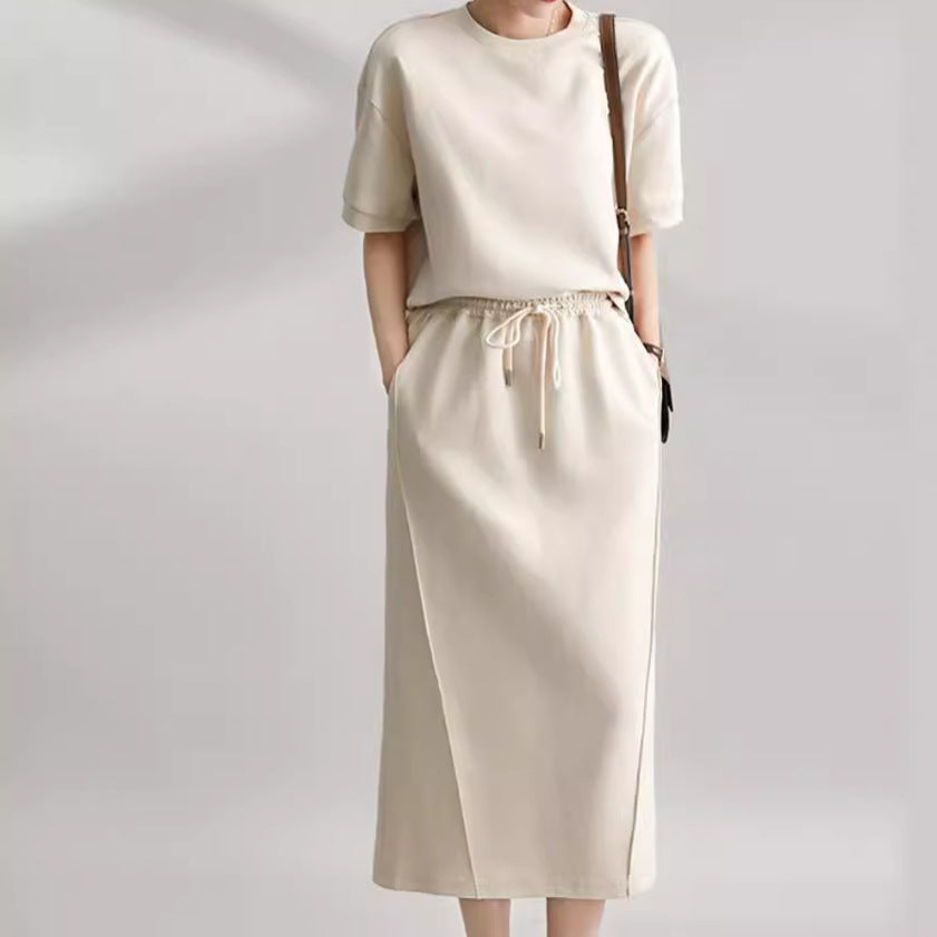 Women’s Two-Piece Set – Cotton Blend – Relaxed Fit – Short Sleeve Top – Midi Skirt