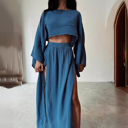 Women’s Two-Piece Set  – Boat Neck – Relaxed Fit – 3/4 Wide Sleeves – High Slit Maxi Skirt