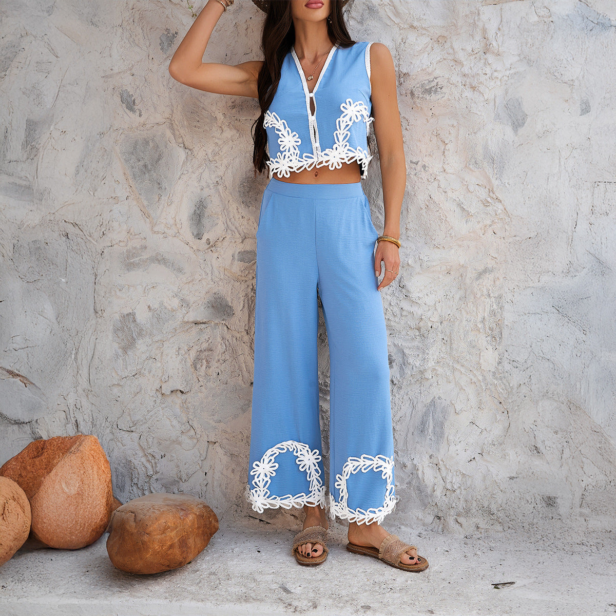 Women’s Pants Set – Sleeveless Crop Top – Wide-Leg High Waist – Lace Trim – Breathable Fabric