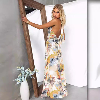 Women’s A-Line Dress – Abstract Print – V-Neck – Tie Back – Open Back – Full Length
