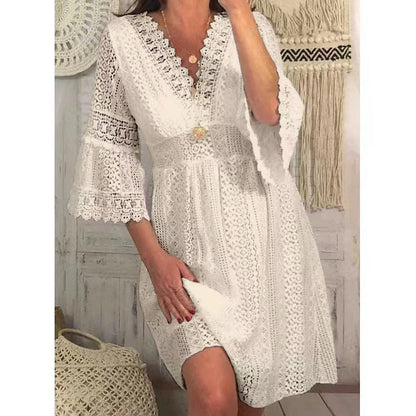 Women’s Lace Dress – A-Line Fit – V-Neck – Bell Sleeves – Knee Length Elegant Style