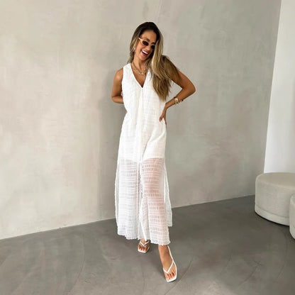 Women’s Long Dress – Sleeveless V-Neck – Flowy Fit – Lace Look with Front Slit