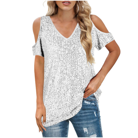 Women’s V-Neck Top – Relaxed Fit – Sequin Front – Cold Shoulder – Short Sleeve