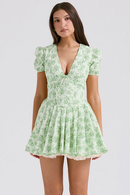 Women’s Mini Dress – Fit and Flare – Puff Sleeve – V-Neck – Floral Print – Lightweight Fabric