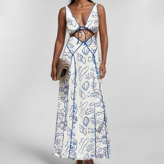Women’s Maxi Dress – Cotton Fabric – V-Neck Cut-Out – Spaghetti Straps – Flowing Fit