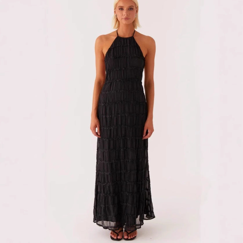 Women’s Maxi Dress – Halter Neck – Ruched Bodice – Lace Trim – Flowy Lightweight Fit