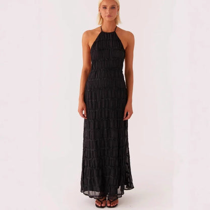 Women’s Maxi Dress – Halter Neck – Ruched Bodice – Lace Trim – Flowy Lightweight Fit