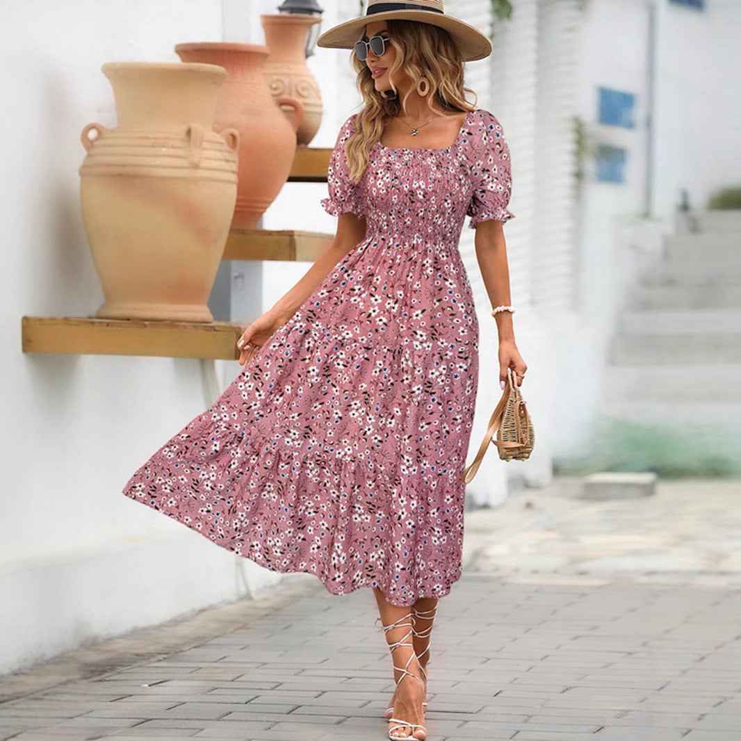 Women’s Midi Dress – Cotton Blend – Empire Waist – Puff Sleeve – Floral Print – Square Neck