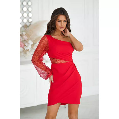 Women’s Mini Dress – Bodycon Fit – One Shoulder – Sequin Sheer Sleeve – Asymmetrical Cut