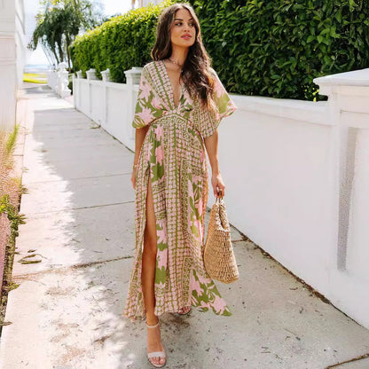 Women's Maxi Dress – Wrap V-Neck – High Waist – Short Sleeve – Side Slit Floral