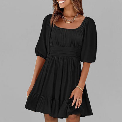 Women’s Fit and Flare Dress – Cotton – Square Neck – Puff Sleeve – Ruffle Hem