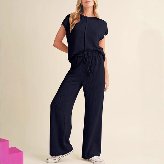 Women’s Short Sleeve Top and Wide-Leg Pants Set - Ribbed Knit - Relaxed Fit