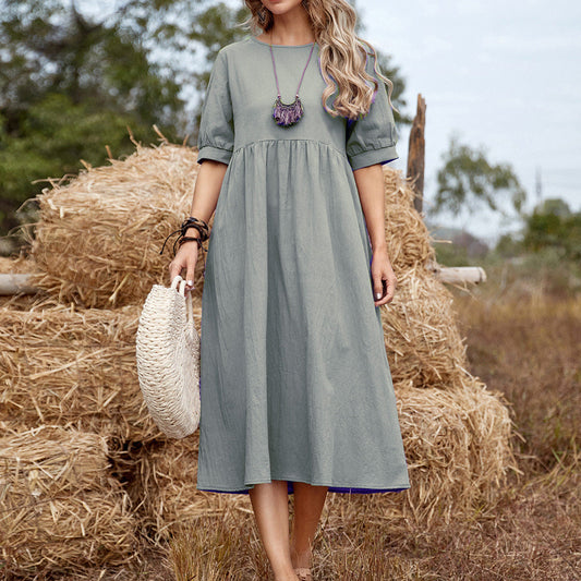 Women’s Midi Dress – Cotton – Relaxed Fit – Flared Silhouette – Elbow Sleeve Casual Wear