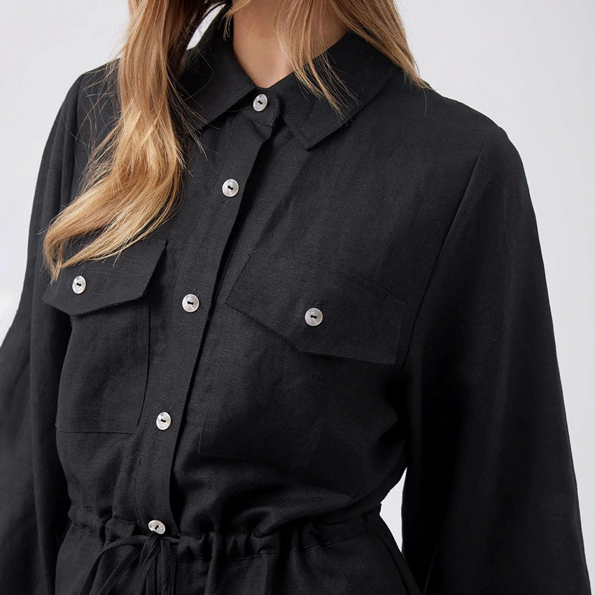 Women’s Romper – Cotton Linen Blend – Long Sleeve – Button Front – Drawstring Waist