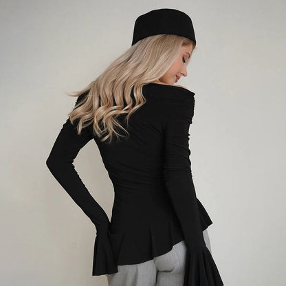 Women’s Off-Shoulder Top – Slim Fit – Ruffle Sleeve – Stretch Comfort Fabric