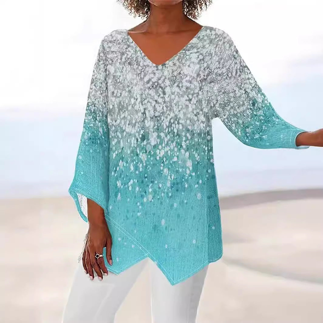 Women’s V-Neck Top – Loose Fit – Long Sleeve – Breathable Blend – Artistic Print