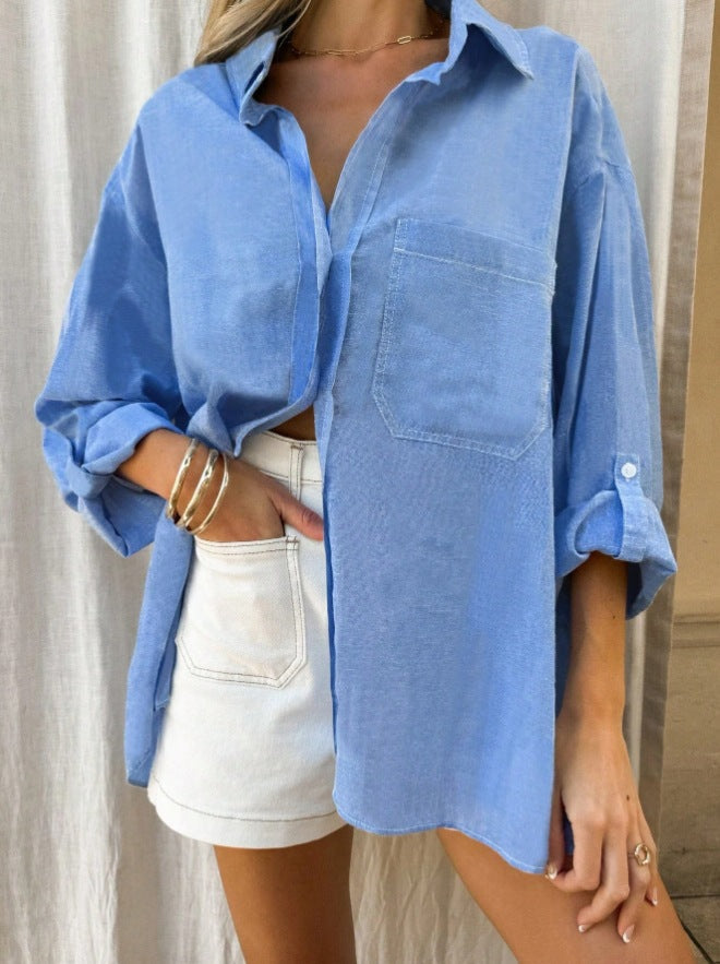 Women’s Button-Down Shirt – Oversized Fit – Lightweight Cotton – Striped – Long Sleeve