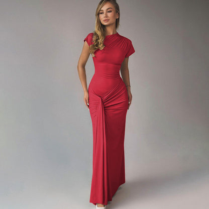 Women’s Full-Length Dress – Satin Finish – Draped Waist – Short Sleeve Formal Wear