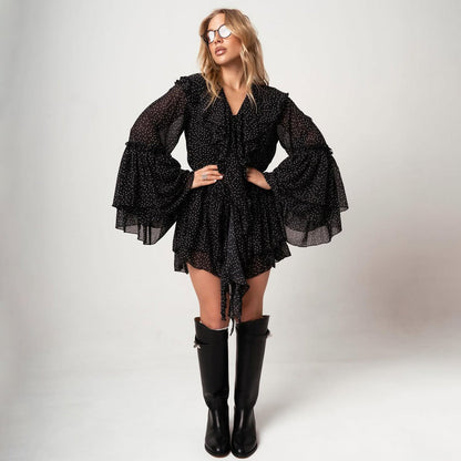 Women’s Mini Dress – Chiffon – Fit and Flare – Ruffle Neck – Bell Sleeve – Polka Dot