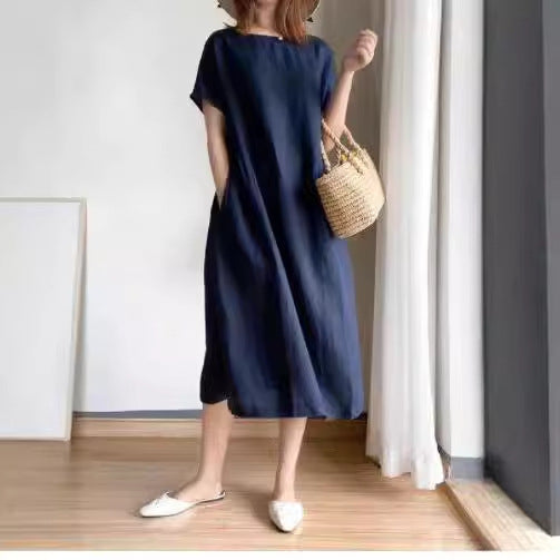 Women’s Midi Dress – Loose Fit – Lightweight Breathable Fabric – Short Sleeve Casual