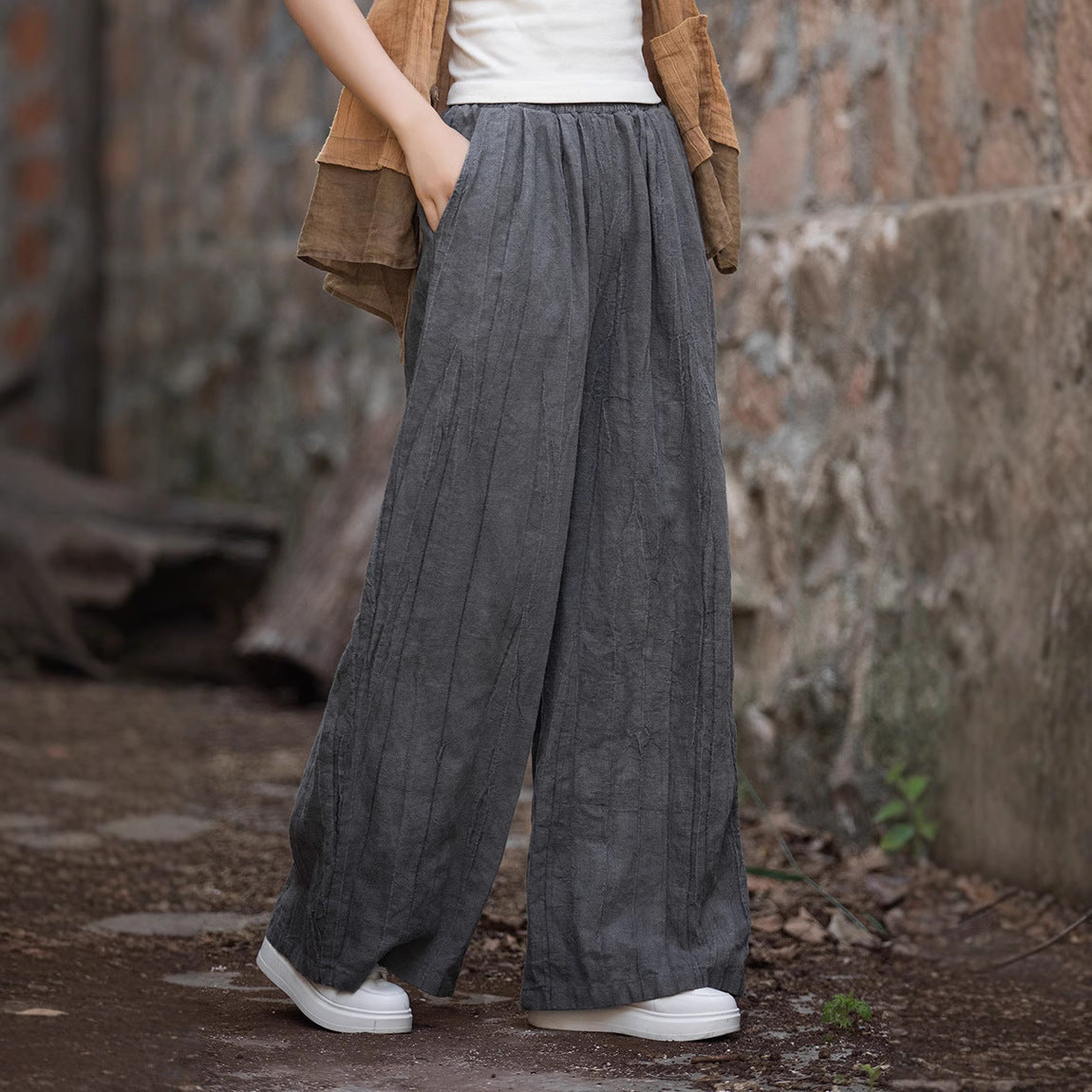 Women’s Wide-Leg Trousers – Linen Cotton Blend – Relaxed Fit – Elastic Waistband Casual Wear