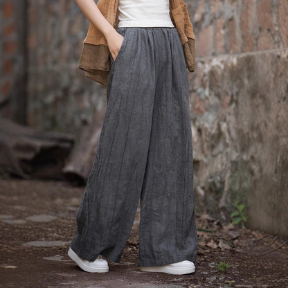 Women’s Wide-Leg Trousers – Linen Cotton Blend – Relaxed Fit – Elastic Waistband Casual Wear